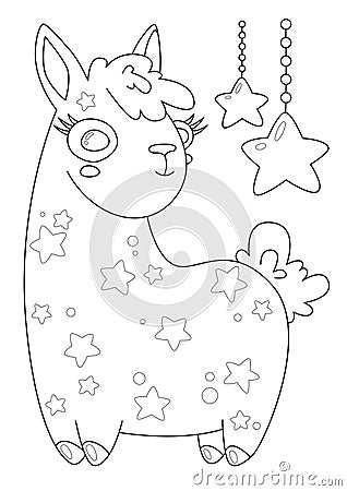 Cartoon page for coloring book with lama and stars, vector illustration Vector Illustration