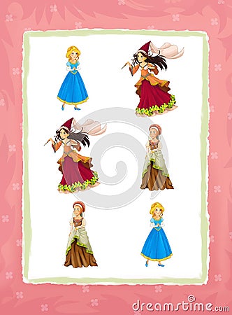 Cartoon page with medieval characters queen or princess / game with shapes Cartoon Illustration