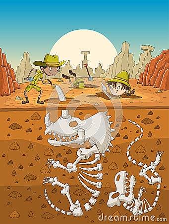 Cartoon paleontology kids working on excavation. Vector Illustration