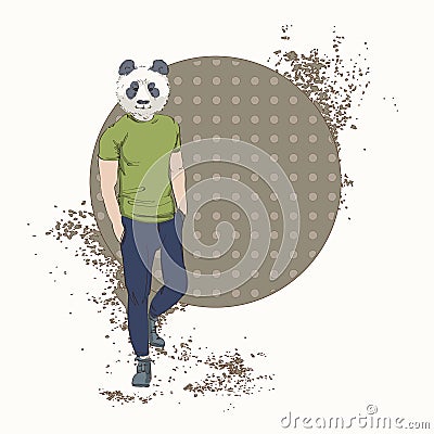 Cartoon Panda Bear Hipster Wear Fashion Clothes Retro Abstract Background Vector Illustration