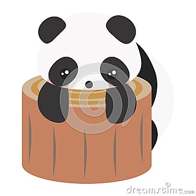 Cute Cartoon Baby Panda. Panda lying on wood for rest, sleeping on trunk Vector Illustration