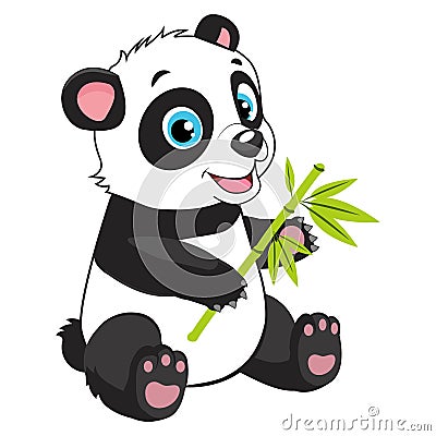 Cartoon Panda Eats Bamboo Branch. Little Funny Bear Panda Vector Image. Vector Illustration