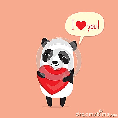 Cartoon panda holding heart and saying I love you in speech bubble. Greeting card for Valentine`s Day Stock Photo