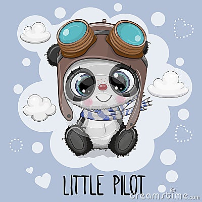 Cartoon Panda in a pilot hat on a blue background Vector Illustration