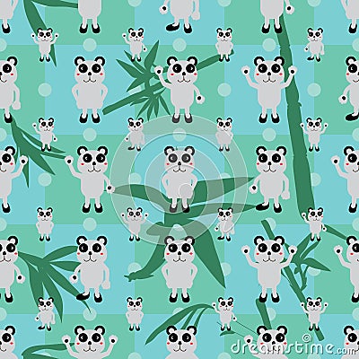 Cartoon panda symmetry bamboo leaf seamless pattern Vector Illustration