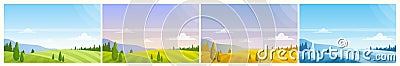 Cartoon panoramic countryside natural scenery, farmland fields on hills, forest on horizon in summer spring autumn Cartoon Illustration