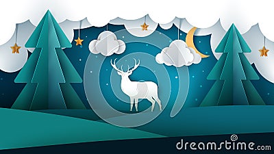 Cartoon paper landscape. Deer illustration. Sun, fir, cloud, star. Vector Illustration