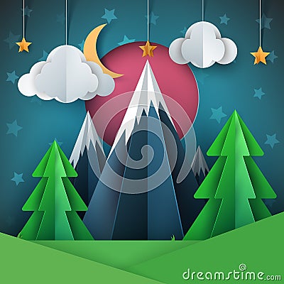 Cartoon paper landscape. Fir, mountain, moon, star illustration. Vector Illustration