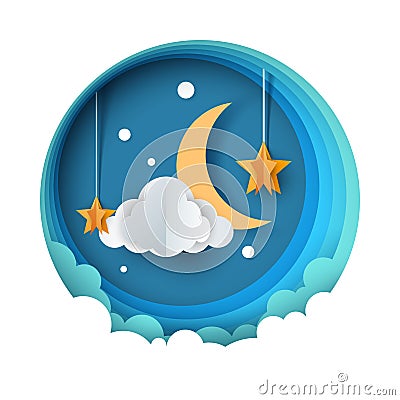 Cartoon paper night landscape. Moon, star, cloud road Vector Illustration