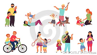 Cartoon parents with children. Nurturing family, woman nurture child. Young mother dad playing kids, parenthood and Vector Illustration