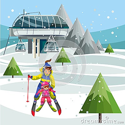 Cartoon parents and little kids skiing together Vector Illustration