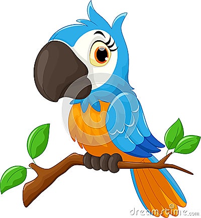 Cartoon parrot sitting on tree branch Cartoon Illustration