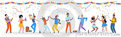 Cartoon party people. Trendy happy dancing group of men and women with party hats, confetti and drinks. Vector birthday Vector Illustration