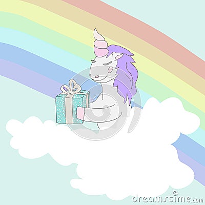 Cartoon pastel color unicorn on clouds with rainbow and a gift box Vector Illustration