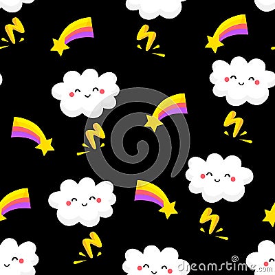 Cartoon pattern with funny clouds, rainbow and lightning on black background. Comics style. Vector Vector Illustration