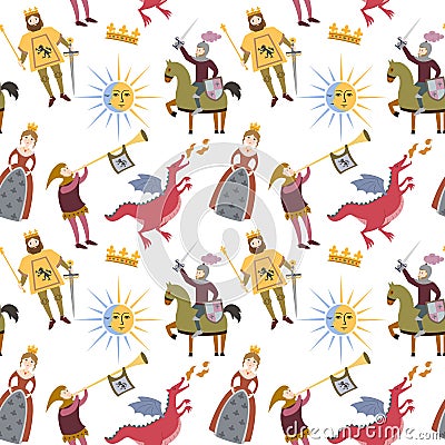 Cartoon pattern with medieval characters on white background. Vector Illustration