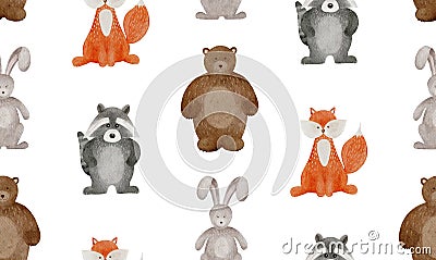 Cartoon pattern with watercolor woodland animals. Cute bunny, teddy, fox and raccoon for kids or baby Stock Photo