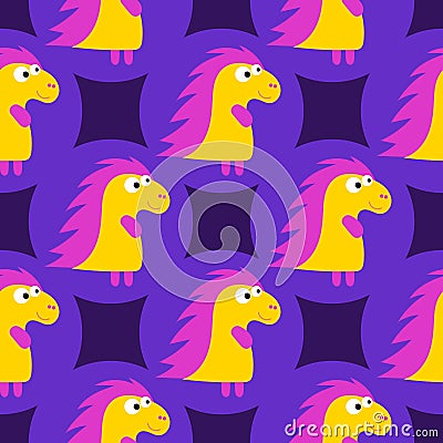 Cartoon pattern with yellow cartoon baby dinosaur pattern on purple background. Dinosaur baby girl cute print. Cute Vector Illustration