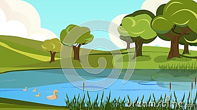 Cartoon Peaceful Scenery View of River Shore Bank Vector Illustration