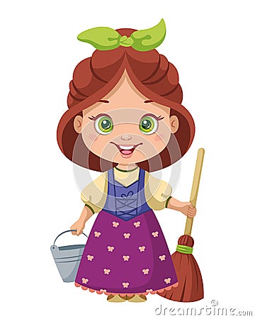 Cartoon peasant girl with bucket and mop. Cinderella as maid. Cartoon vector illustration Vector Illustration