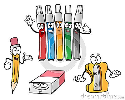 Cartoon pencil, eraser, markers, sharpener Stock Photo