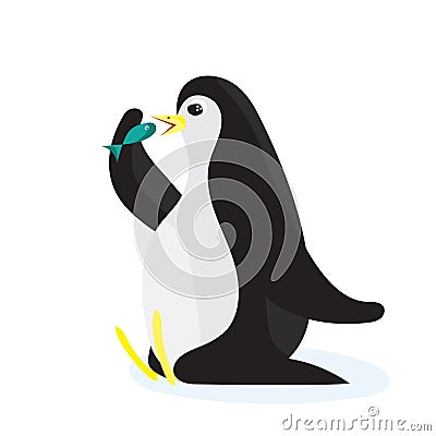 Cartoon penguin eating the fish. Flat vector, isolated on white background Vector Illustration