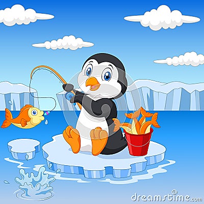 Cartoon penguin fishing on the ice Vector Illustration