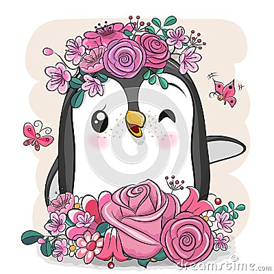 Cartoon Penguin with flowers on a white background Vector Illustration