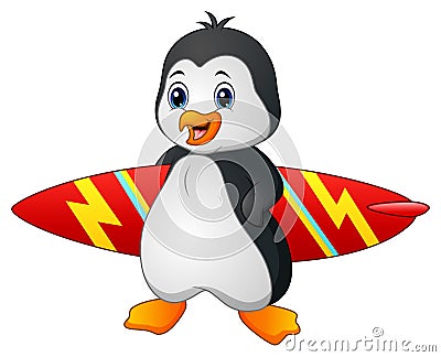 Cartoon penguin holding surfboard Vector Illustration