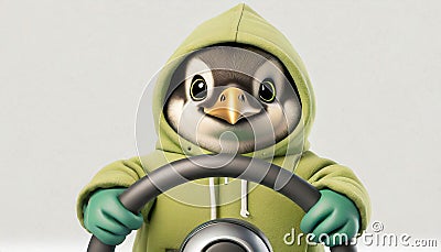 Cartoon penguin in a hoodie behind steering wheel. Stormy and snowy day Stock Photo