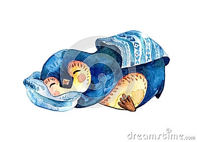 Cartoon penguin lies on a pillow and sleeps covered by a blanket. White background. Cartoon Illustration