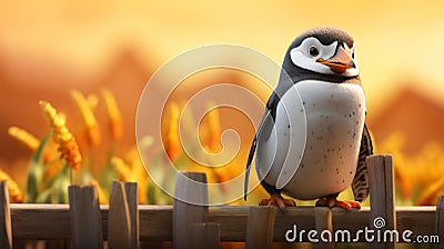 Happy Penguin On Fence In Cinema4d Rendered Style Cartoon Illustration
