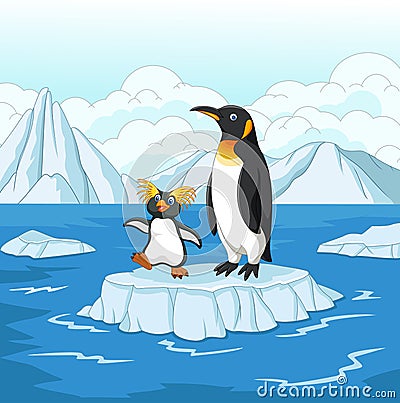 Cartoon penguin playing on ice floe Vector Illustration