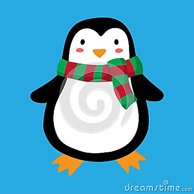 Cartoon penguin in a scarf. Penguin in a red-green scarf. Children's print. Vector illustration Vector Illustration