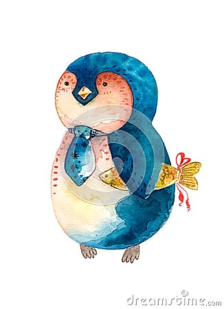 Cartoon penguin in a tie and a goldfish in his hand. White background. Cartoon Illustration