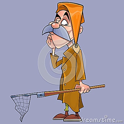 Cartoon pensive man in a nightcap with a net in his hand Vector Illustration