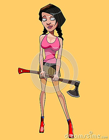 Cartoon pensive woman with an ax in hands Vector Illustration