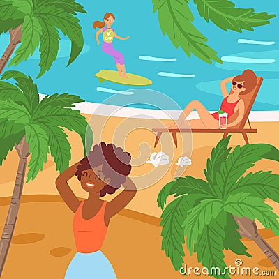 Cartoon people beach, weekend vector illustration. Woman surfing on ocean wave, resting girl fruit cocktail, lie on Vector Illustration