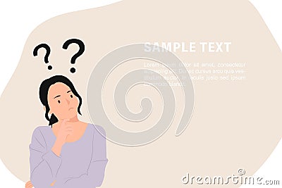 Cartoon people character design banner template question marks with young Asian woman in a thoughtful pose Vector Illustration