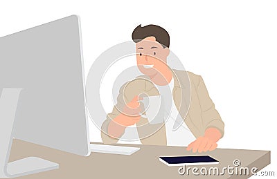 Cartoon people character design handsome designer looking at computer monitor and drinking coffee Vector Illustration