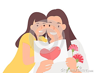 Cartoon people character design happy mother`s day daughter and mom cheerfully watching celebration card Vector Illustration