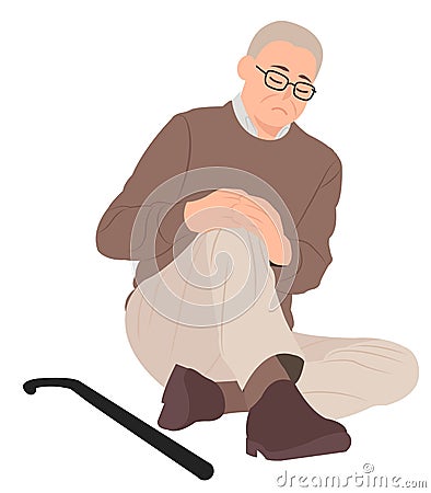 Cartoon people character design senior old man sitting on the floor and holding his painful knee Vector Illustration