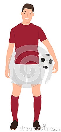 Cartoon people character design a soccer player holding a football in red sportswear Vector Illustration