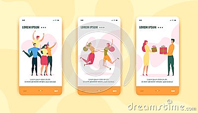 Cartoon People Characters Have Fun Mobile Page Set Vector Illustration