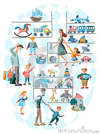 Cartoon people characters visiting toy store mall Vector Illustration