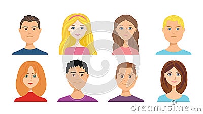 Cartoon people faces set isolated on white. Vector illustration of girls and boys with different hair colors in flat style. Vector Illustration