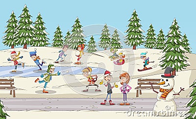 Cartoon people having fun in the park with snow. Vector Illustration