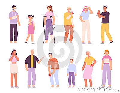 Cartoon people with injury, fracture and plaster bandage on leg or hand. Adults and children after accident with cast Vector Illustration
