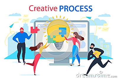 Cartoon People Join Jigsaw Puzzle Creative Process Vector Illustration