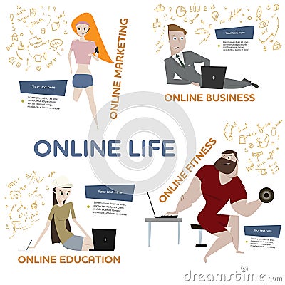 Cartoon people with laptops vector set. Vector Illustration